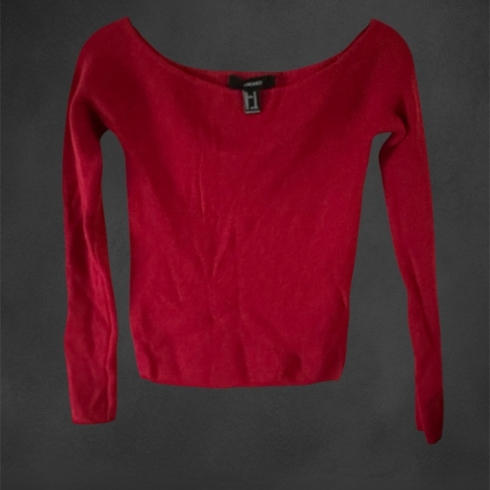 Red off-the-shoulder (collar-bone peeking) long sleeve top ribbed warm fitted